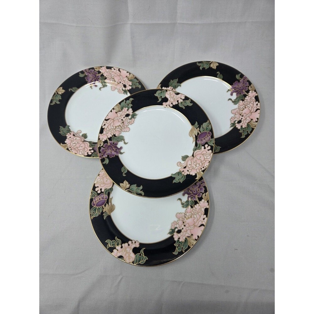 Fitz & Floyd Cloisonne Peony Black 7.5" Salad Plate Pink Purple Floral Lot Of 4